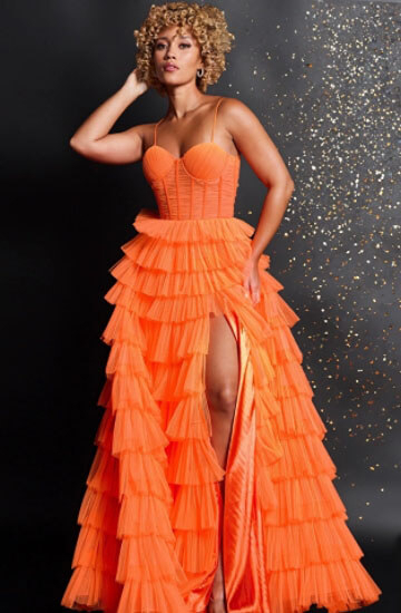 Model wearing a orange color dress